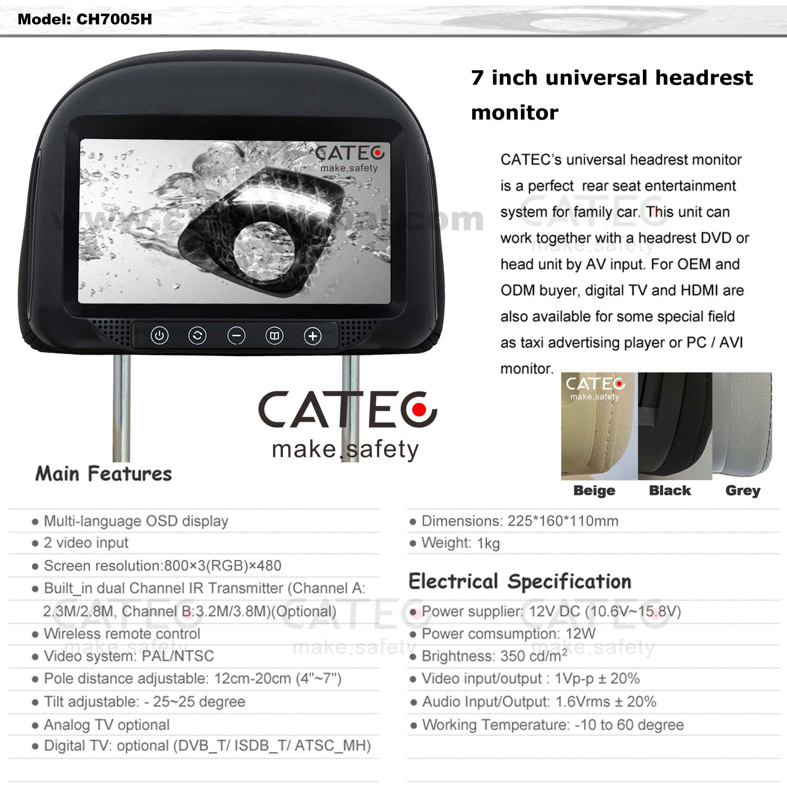 FEATURES OF 7 INCH CAR HEADREST HD MONITORS CH7005H