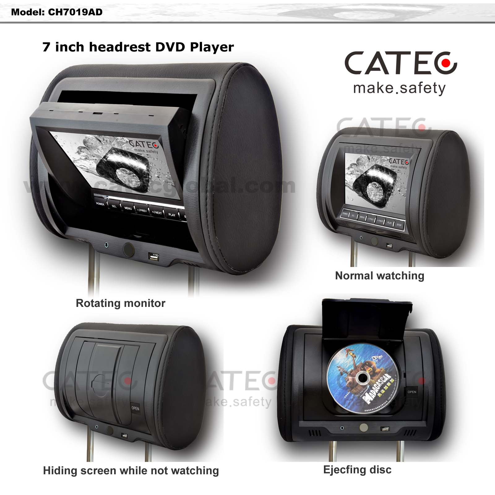 7 inch car headrest DVD players, 7 inch car headrest monitors, CH7019H