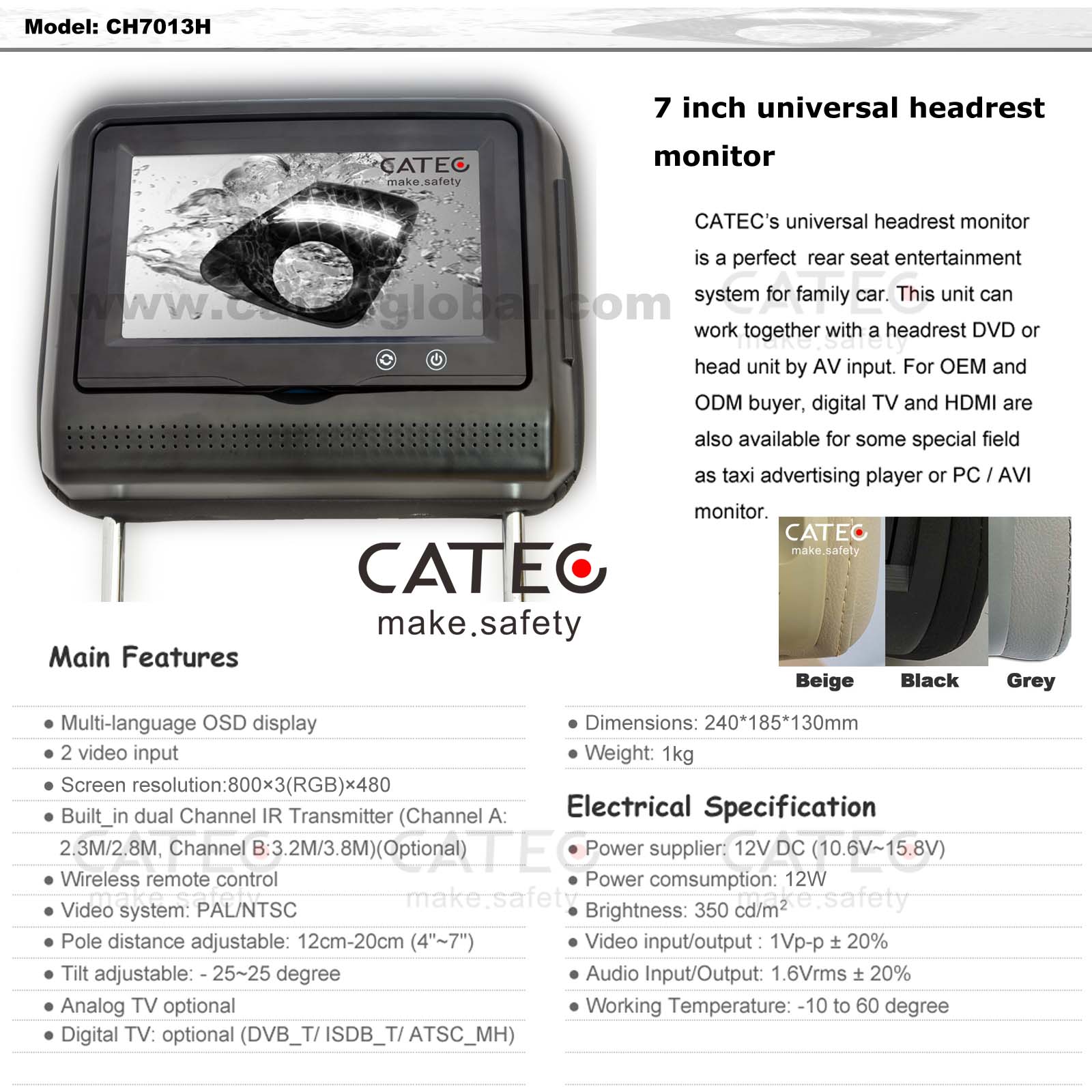 FEATURES OF 7 INCH CAR HEADREST MONITORS CH7013H